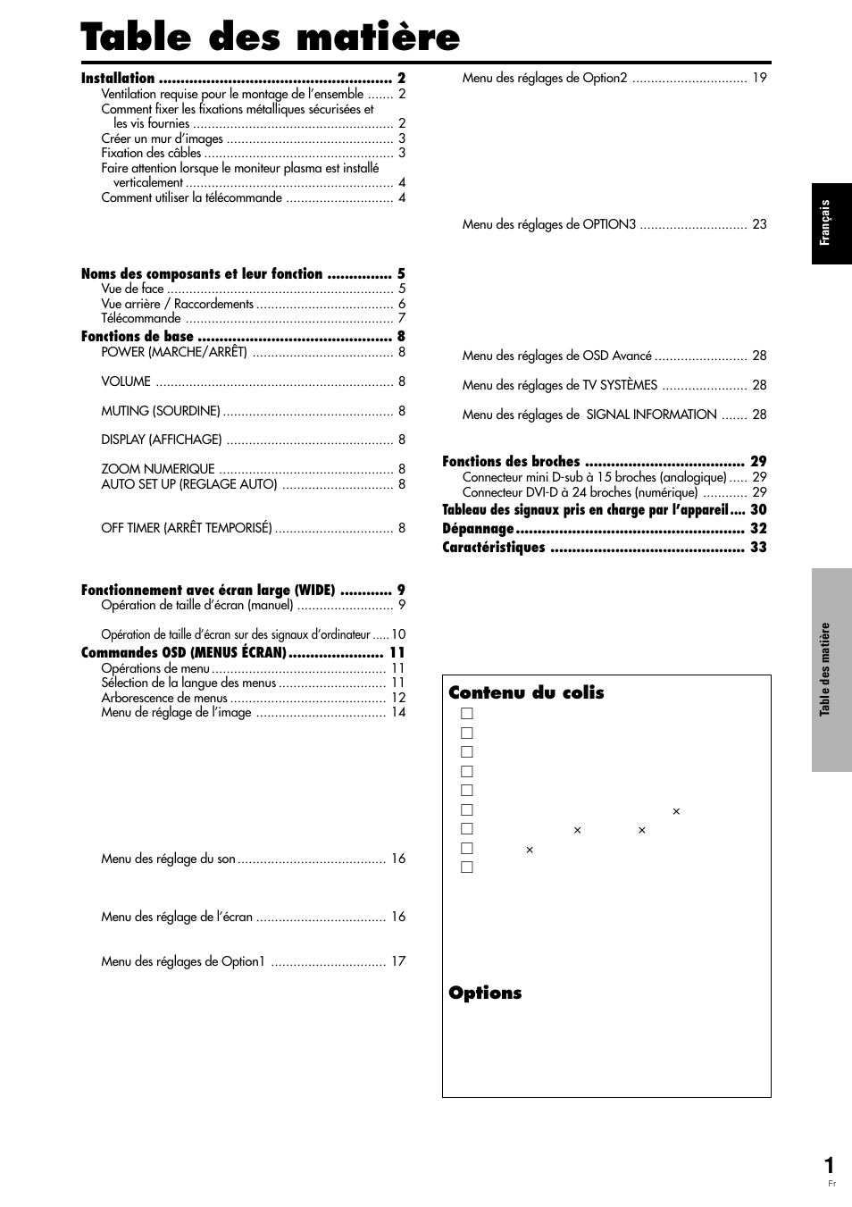 Table des matière, Contenu du colis, Options | Pioneer PLASMA DISPLAY User Manual | Page 42 / 266