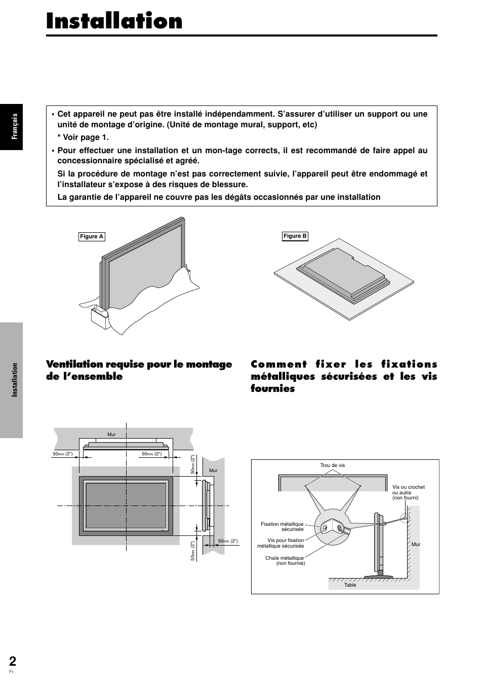 Installation, Ventilation requise pour le montage de l’ensemble | Pioneer PLASMA DISPLAY User Manual | Page 43 / 266