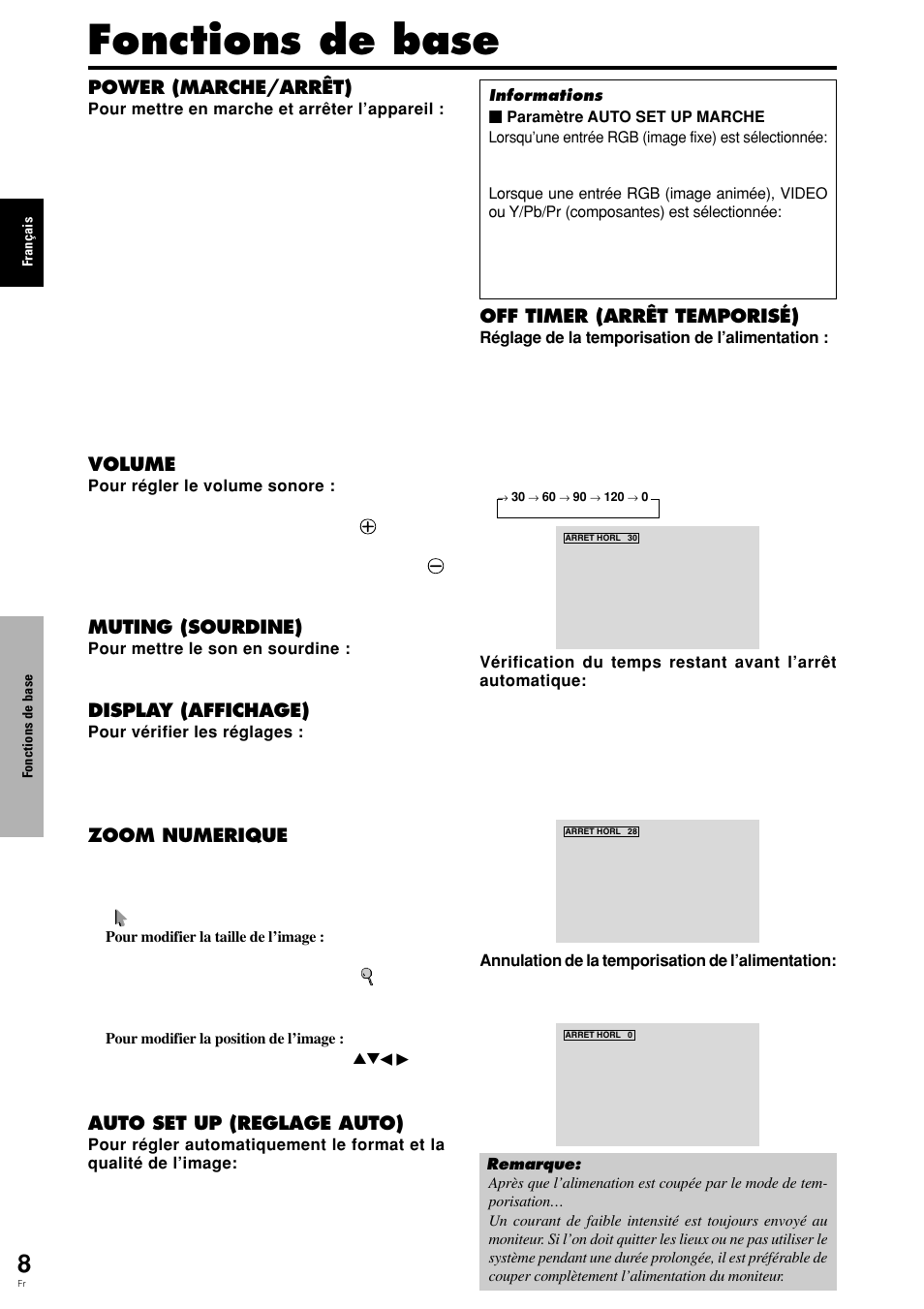 Fonctions de base, Power (marche/arrêt), Volume | Muting (sourdine), Display (affichage), Zoom numerique, Auto set up (reglage auto), Off timer (arrêt temporisé) | Pioneer PLASMA DISPLAY User Manual | Page 49 / 266