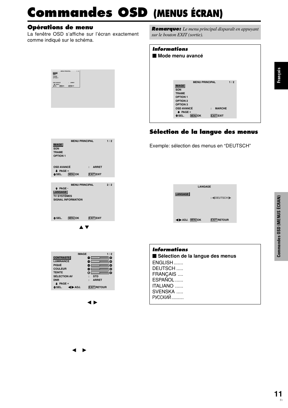 Commandes osd, Menus écran), Opérations de menu | Sélection de la langue des menus | Pioneer PLASMA DISPLAY User Manual | Page 52 / 266