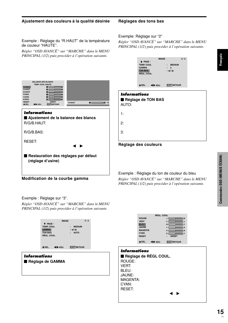 Puis appuyer sur la touche menu/set, Fran ç ais commandes osd (menus é cran) | Pioneer PLASMA DISPLAY User Manual | Page 56 / 266