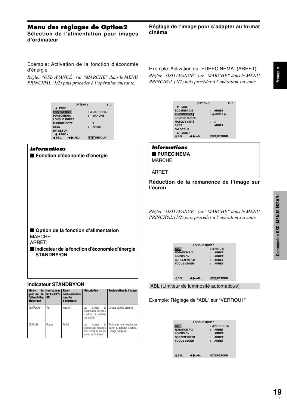 Menu des réglages de option2, Fran ç ais commandes osd (menus é cran) | Pioneer PLASMA DISPLAY User Manual | Page 60 / 266