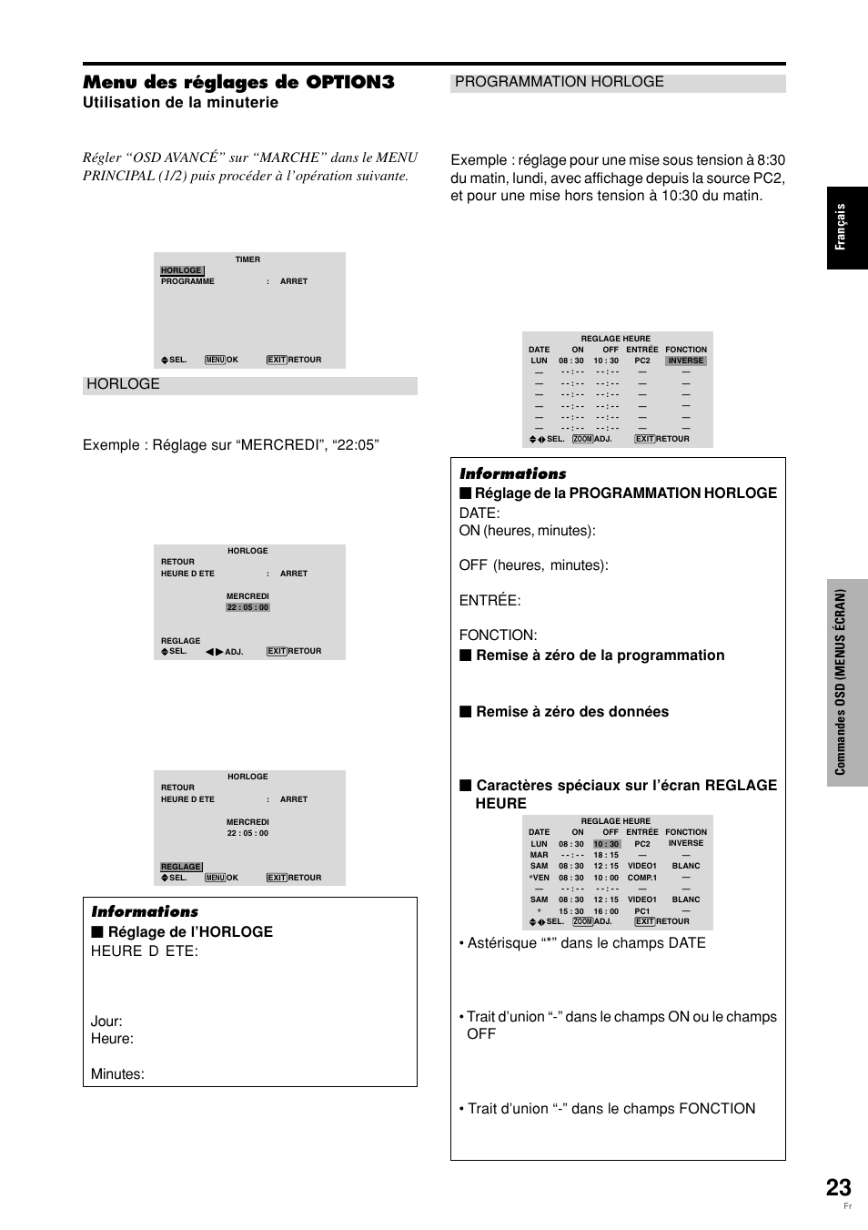 Menu des réglages de option3, Fran ç ais commandes osd (menus é cran) | Pioneer PLASMA DISPLAY User Manual | Page 64 / 266