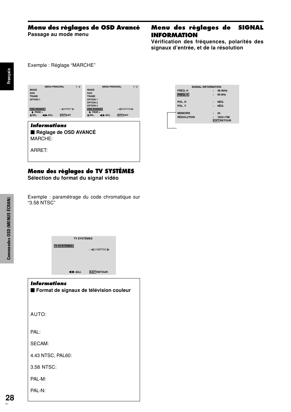 Menu des réglages de osd avancé, Menu des réglages de tv systèmes, Menu des réglages de signal information | Fran ç ais commandes osd (menus é cran) | Pioneer PLASMA DISPLAY User Manual | Page 69 / 266