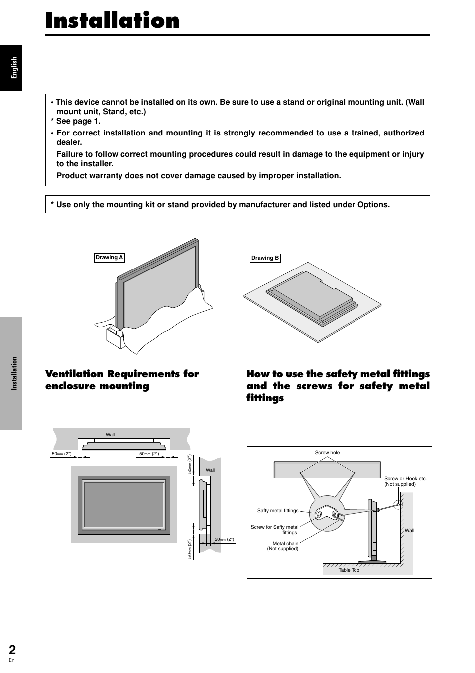 Installation, Ventilation requirements for enclosure mounting | Pioneer PLASMA DISPLAY User Manual | Page 7 / 266