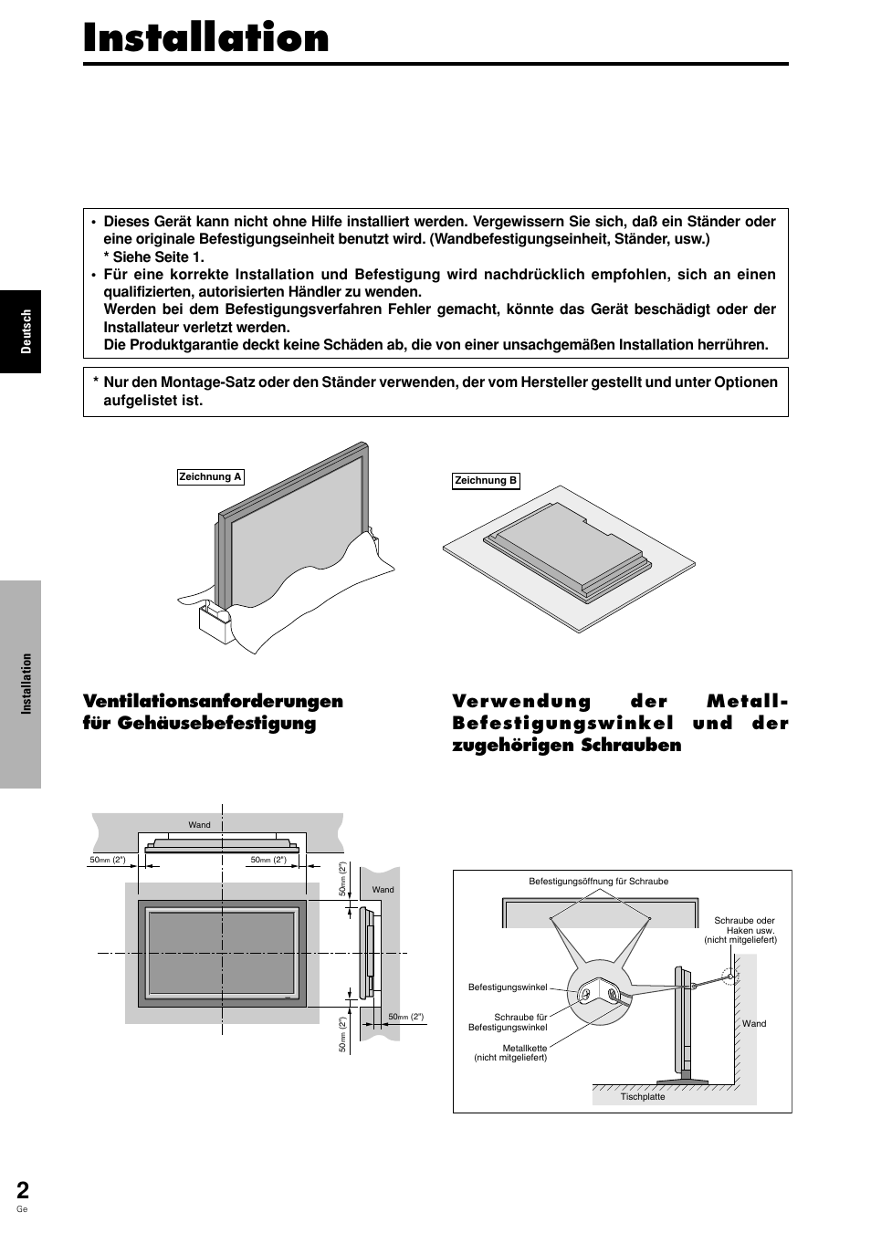 Installation, Ventilationsanforderungen für gehäusebefestigung | Pioneer PLASMA DISPLAY User Manual | Page 81 / 266