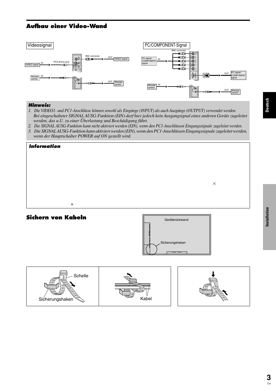 Aufbau einer video-wand, Sichern von kabeln, Zum sichern zum entfernen 1. 2 | Pioneer PLASMA DISPLAY User Manual | Page 82 / 266