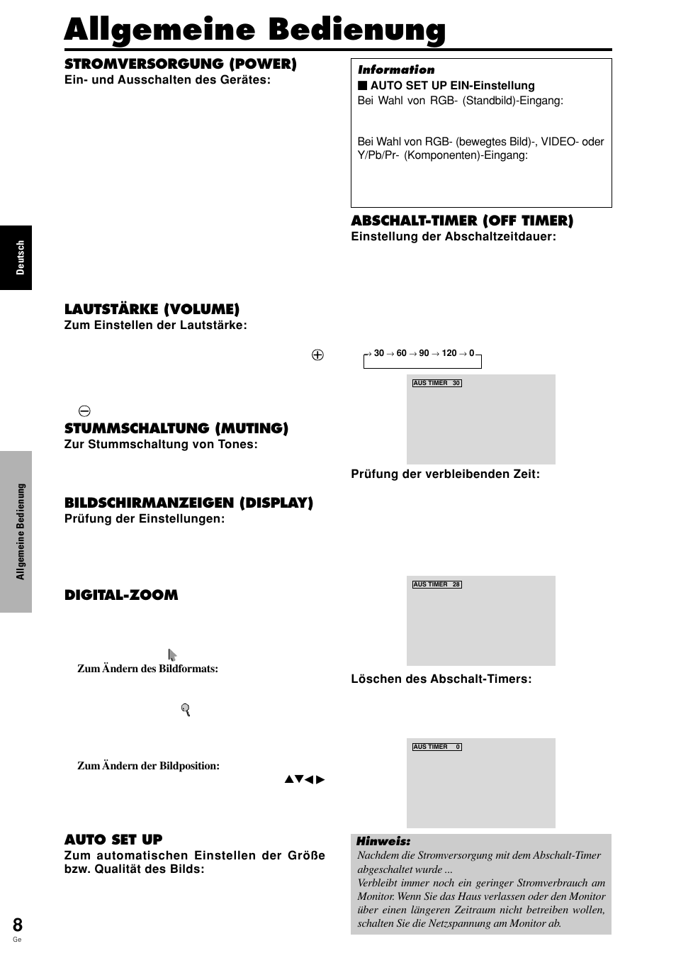 Allgemeine bedienung, Stromversorgung (power), Lautstärke (volume) | Stummschaltung (muting), Bildschirmanzeigen (display), Digital-zoom, Auto set up, Abschalt-timer (off timer) | Pioneer PLASMA DISPLAY User Manual | Page 87 / 266