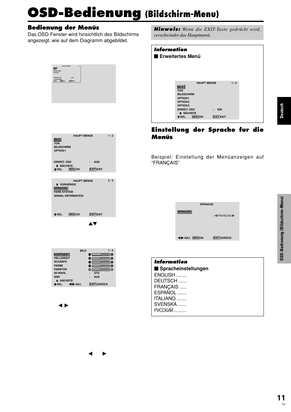 Osd-bedienung, Bildschirm-menu), Bedienung der menüs | Einstellung der sprache fur die menüs, Oder, Deutsch, Osd-bedienung (bildschirm-menu) | Pioneer PLASMA DISPLAY User Manual | Page 90 / 266