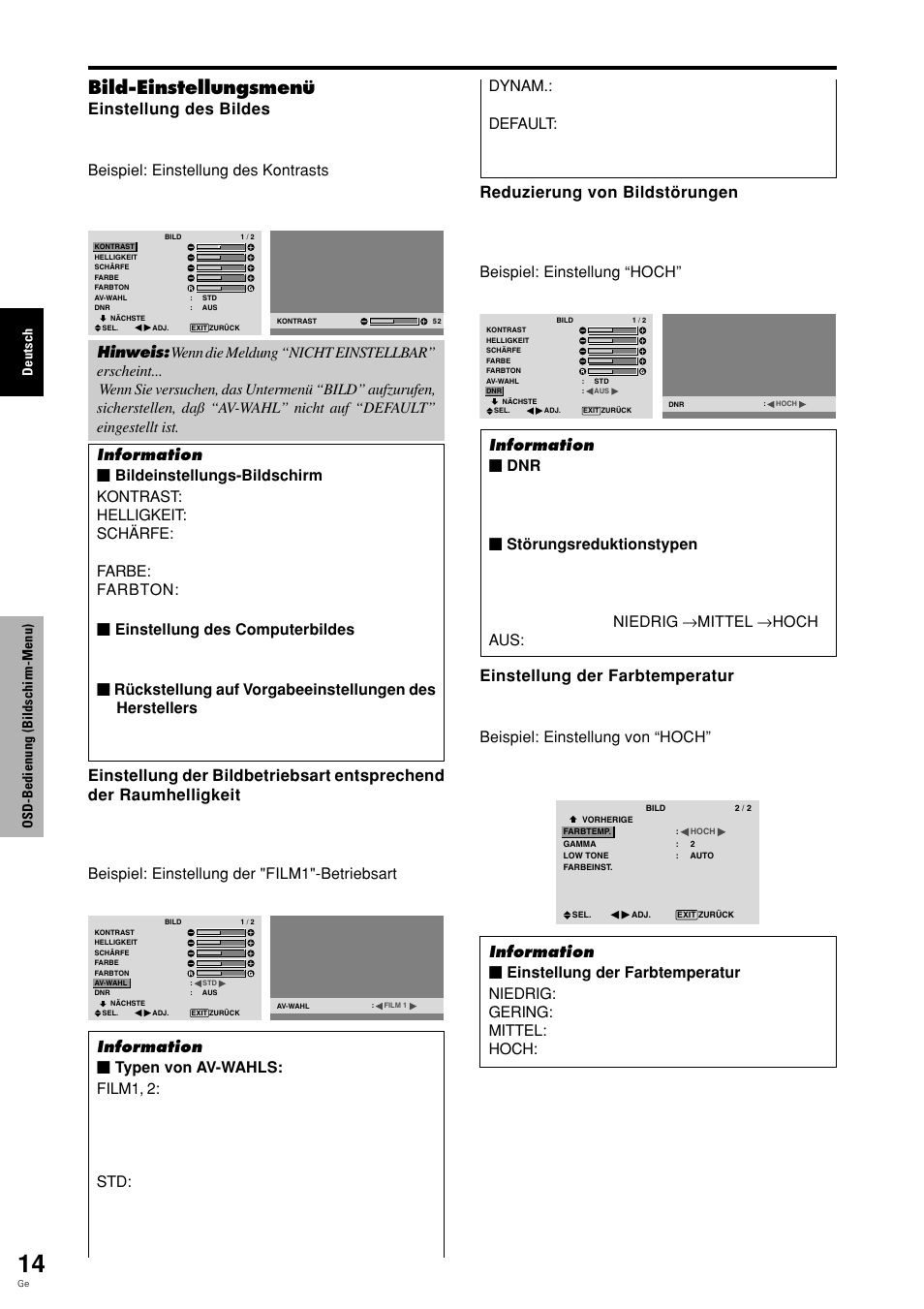 Bild-einstellungsmenü, Deutsch osd-bedienung (bildschirm-menu) | Pioneer PLASMA DISPLAY User Manual | Page 93 / 266