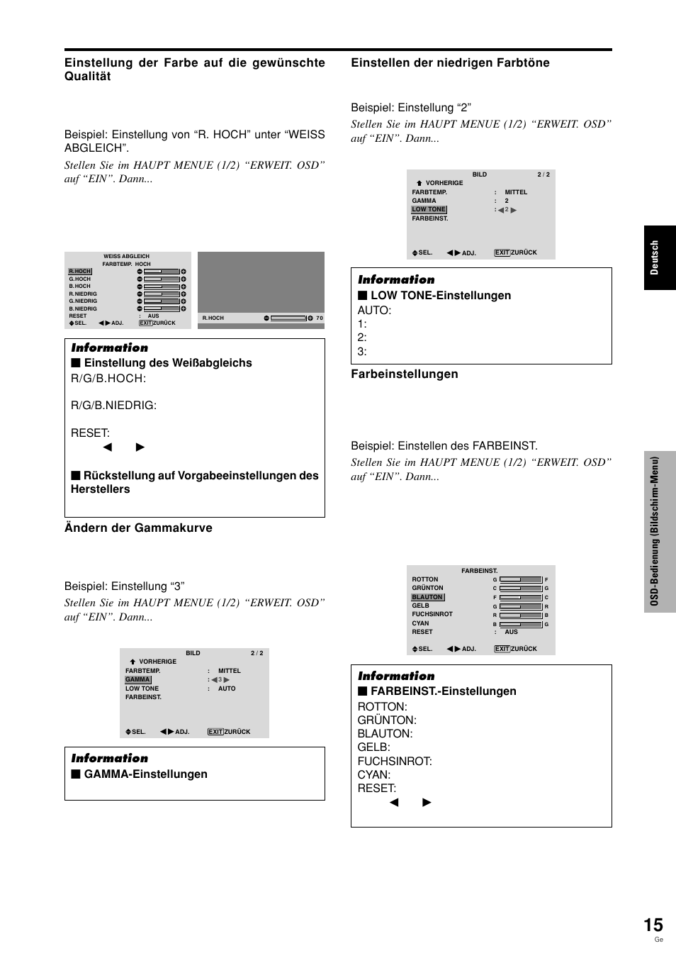 Ein” wählen, dann die menu/set- taste drücken, Deutsch, Osd-bedienung (bildschirm-menu) | Pioneer PLASMA DISPLAY User Manual | Page 94 / 266