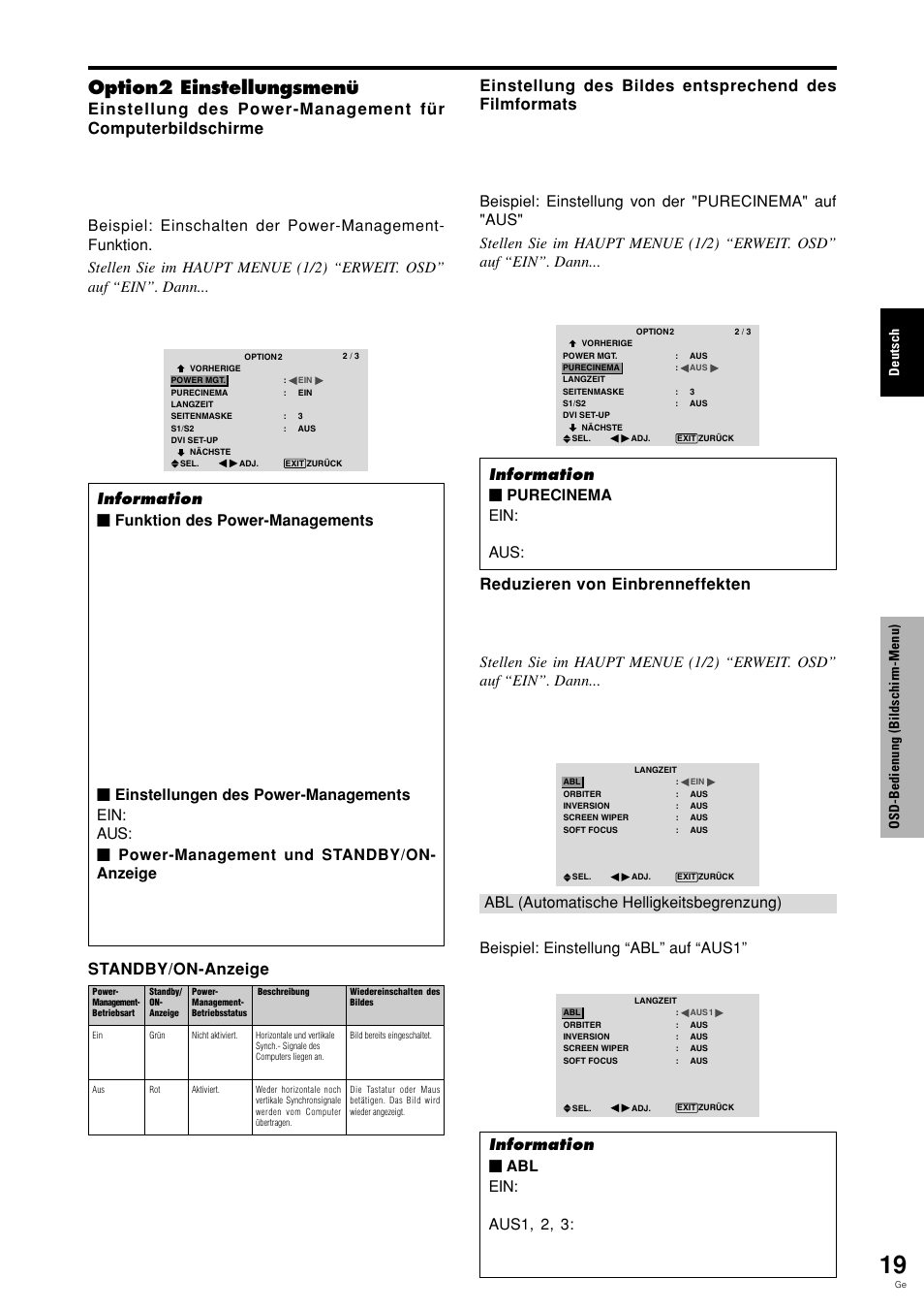 Option2 einstellungsmenü, Deutsch, Osd-bedienung (bildschirm-menu) | Pioneer PLASMA DISPLAY User Manual | Page 98 / 266