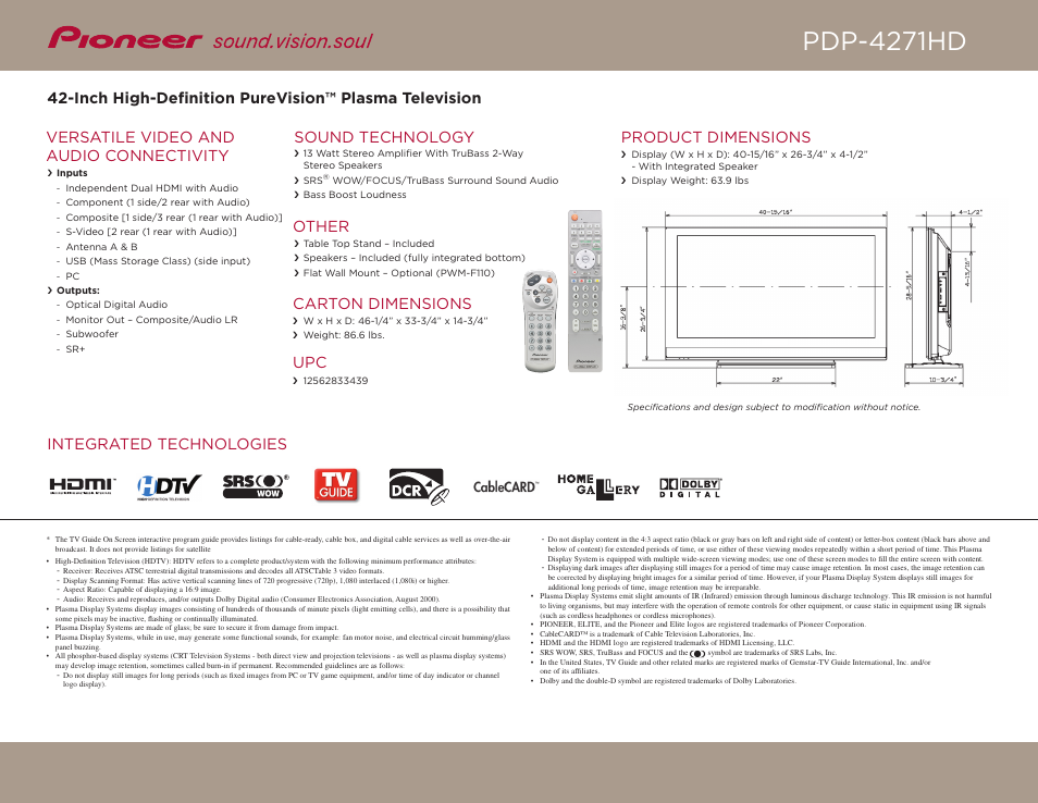 Pdp-4271hd, Versatile video and audio connectivity, Sound technology | Other, Carton dimensions | Pioneer PURE VISION PDP-4271HD User Manual | Page 2 / 2