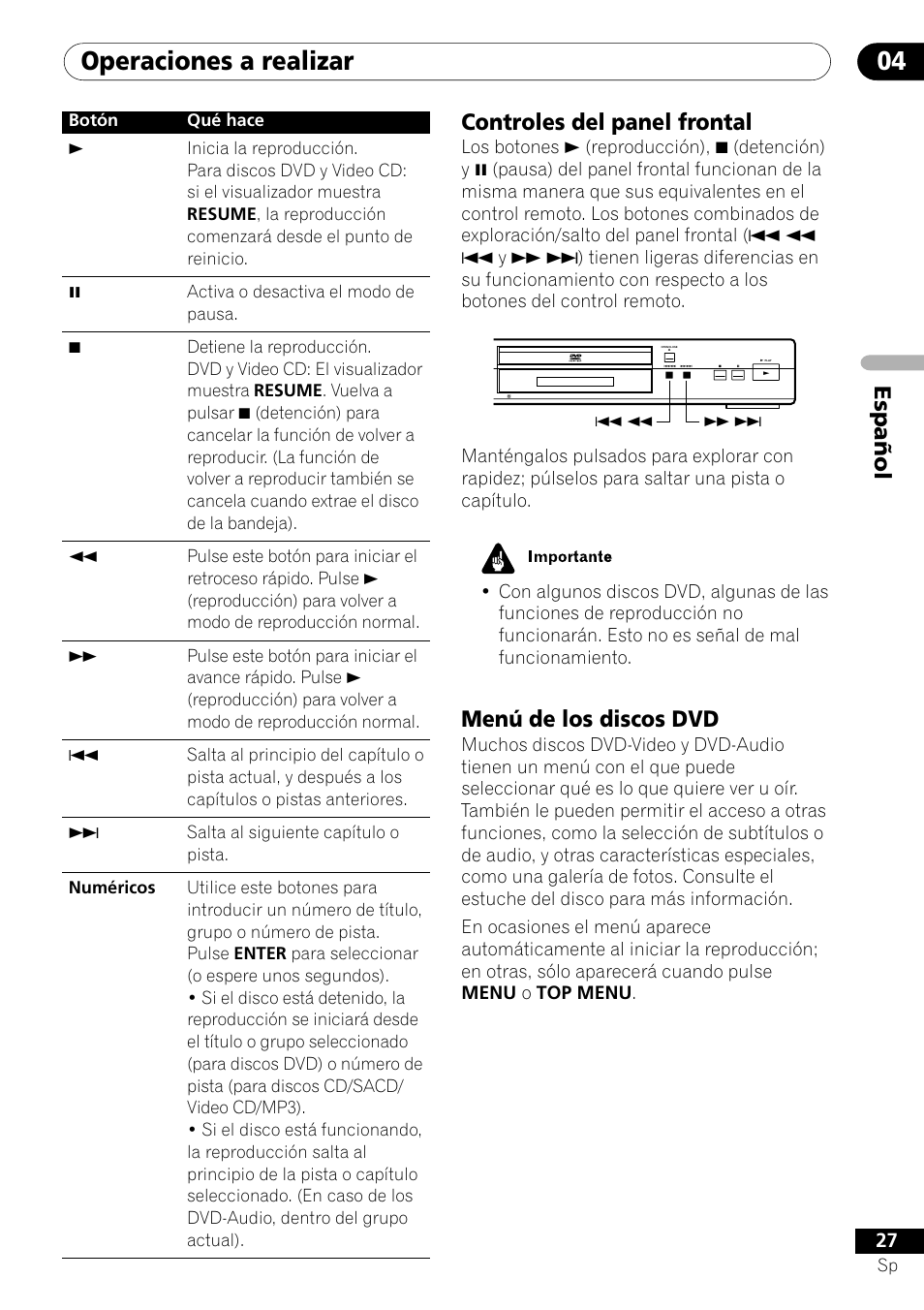 Controles del panel frontal menú de los discos dvd, Operaciones a realizar 04, Español controles del panel frontal | Menú de los discos dvd | Pioneer VRD1160-A User Manual | Page 101 / 148