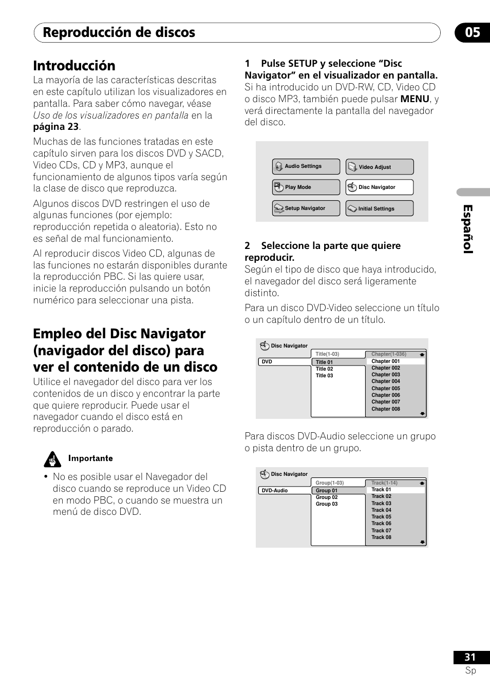 Reproducción de discos 05, Introducción, Español | Pioneer VRD1160-A User Manual | Page 105 / 148