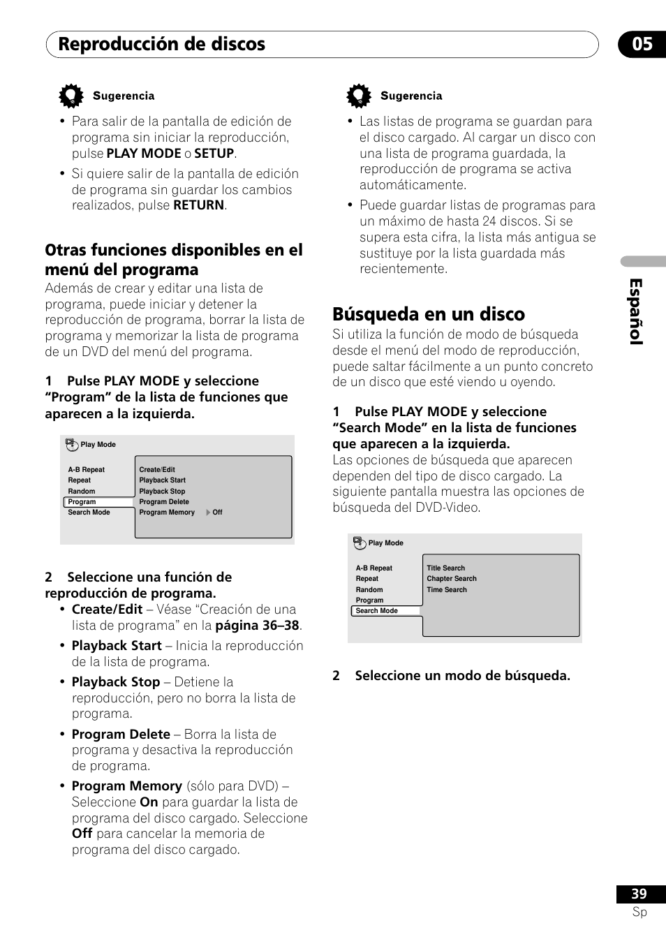 Búsqueda en un disco, Reproducción de discos 05, Español | Pioneer VRD1160-A User Manual | Page 113 / 148