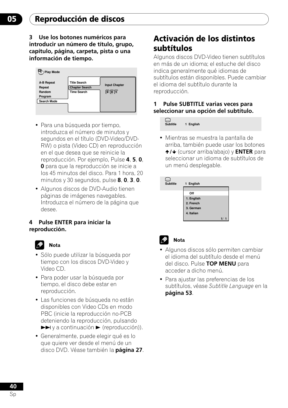 Activación de los distintos subtítulos, Reproducción de discos 05 | Pioneer VRD1160-A User Manual | Page 114 / 148