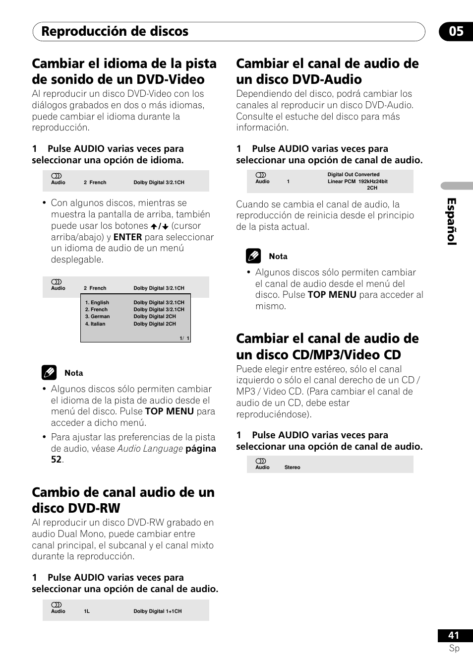 Reproducción de discos 05, Cambio de canal audio de un disco dvd-rw, Cambiar el canal de audio de un disco dvd-audio | Español | Pioneer VRD1160-A User Manual | Page 115 / 148