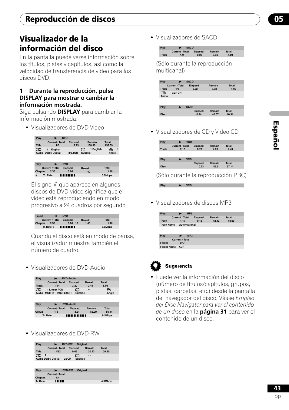 Visualizador de la información del disco, Reproducción de discos 05, Español | Visualizadores de dvd-rw, Visualizadores de sacd, Sólo durante la reproducción multicanal), Visualizadores de cd y video cd, Sólo durante la reproducción pbc), Visualizadores de discos mp3 | Pioneer VRD1160-A User Manual | Page 117 / 148