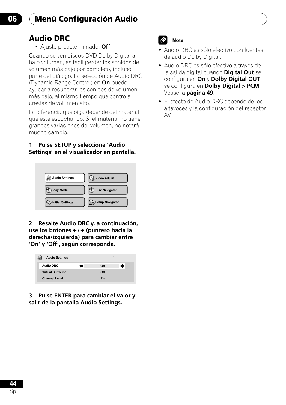 Audio drc, Menú configuración audio 06 | Pioneer VRD1160-A User Manual | Page 118 / 148