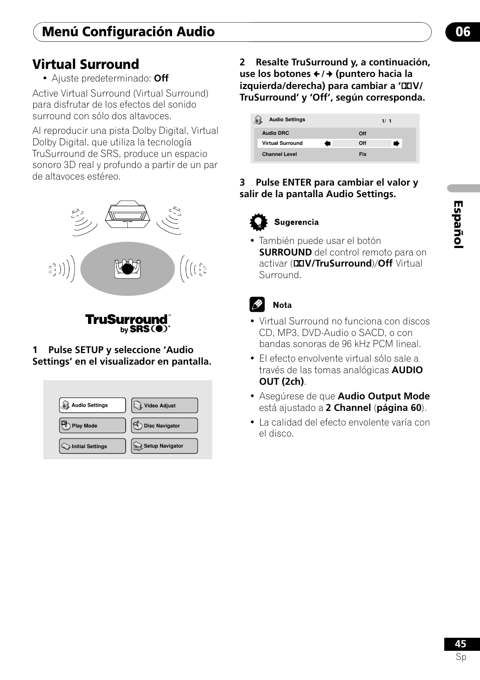 Virtual surround, Menú configuración audio 06, Español | Pioneer VRD1160-A User Manual | Page 119 / 148