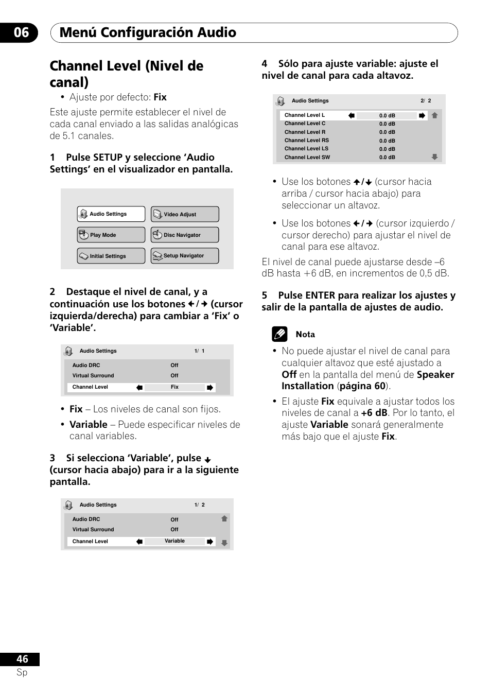 Channel level, Menú configuración audio 06, Channel level (nivel de canal) | Use los botones | Pioneer VRD1160-A User Manual | Page 120 / 148