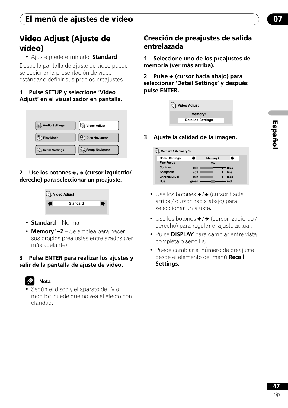 Video adjust, Creación de preajustes de salida entrelazada, El menú de ajustes de vídeo 07 | Video adjust (ajuste de vídeo) | Pioneer VRD1160-A User Manual | Page 121 / 148