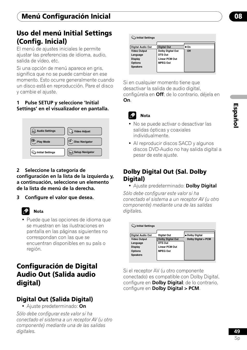 Digital out dolby digital out, Menú configuración inicial 08, Uso del menú initial settings (config. inicial) | Español, Dolby digital out (sal. dolby digital), Digital out (salida digital) | Pioneer VRD1160-A User Manual | Page 123 / 148