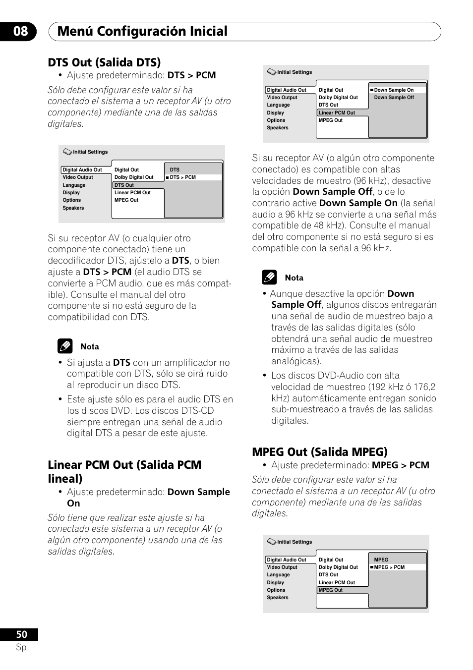 Dts out linear pcm out mpeg out, Menú configuración inicial 08, Mpeg out (salida mpeg) | Dts out (salida dts), Linear pcm out (salida pcm lineal) | Pioneer VRD1160-A User Manual | Page 124 / 148