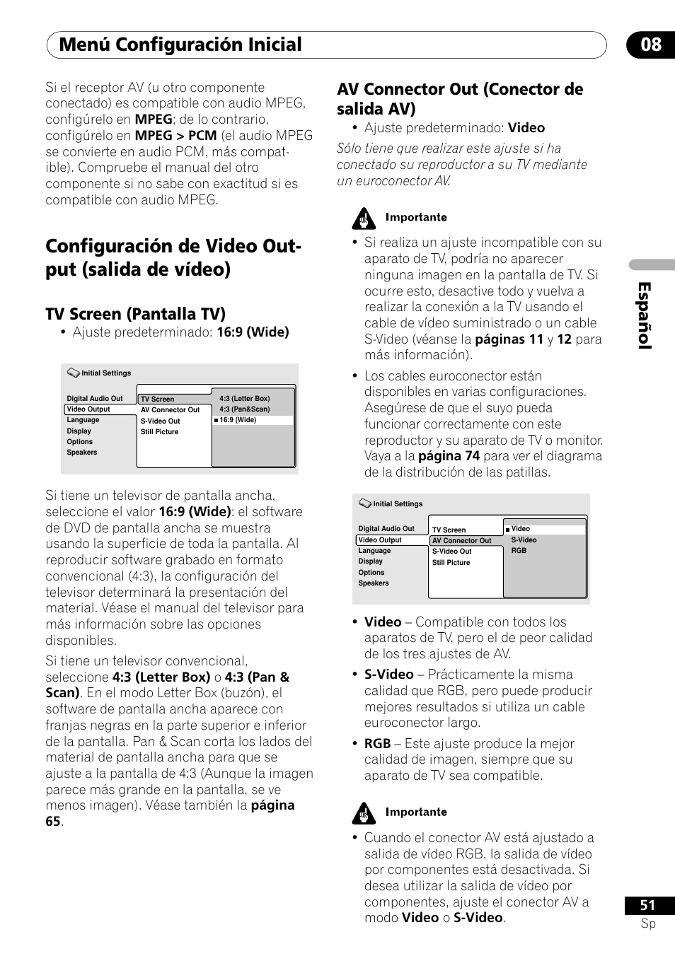 Configuración de video output, Tv screen av connector out, Menú configuración inicial 08 | Configuración de video out- put (salida de vídeo), Español av connector out (conector de salida av), Tv screen (pantalla tv) | Pioneer VRD1160-A User Manual | Page 125 / 148