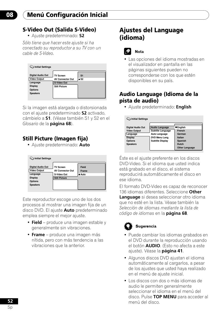 S-video out still picture, Ajustes del language, Audio language | Menú configuración inicial 08, Ajustes del language (idioma), S-video out (salida s-video), Still picture (imagen fija), Audio language (idioma de la pista de audio), Ajuste predeterminado: auto, Ajuste predeterminado: english | Pioneer VRD1160-A User Manual | Page 126 / 148