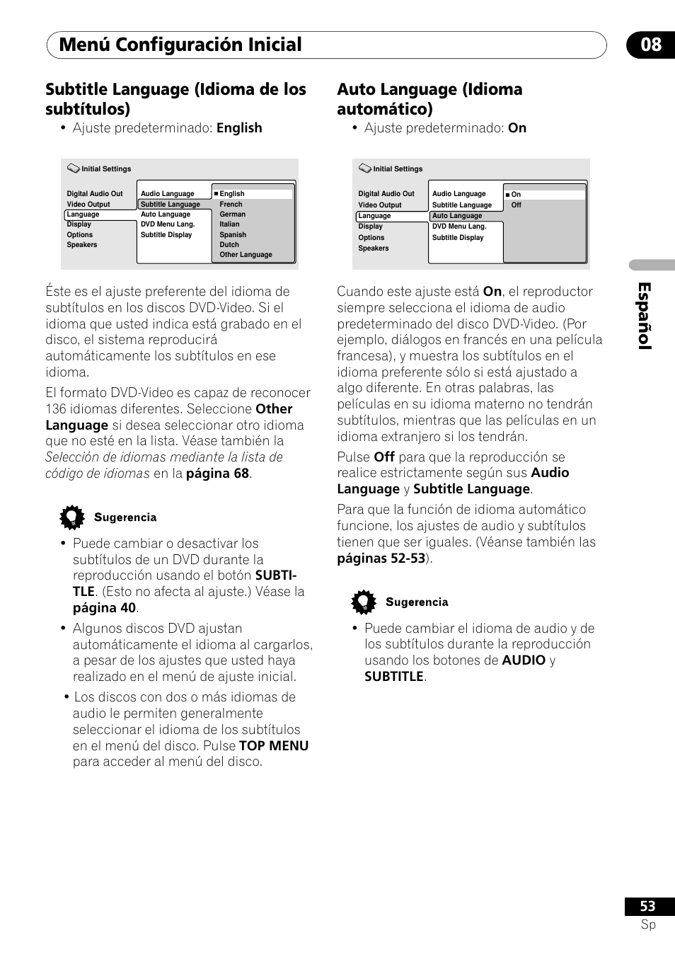 Subtitle language auto language, Menú configuración inicial 08, Español auto language (idioma automático) | Subtitle language (idioma de los subtítulos), Ajuste predeterminado: on, Ajuste predeterminado: english | Pioneer VRD1160-A User Manual | Page 127 / 148