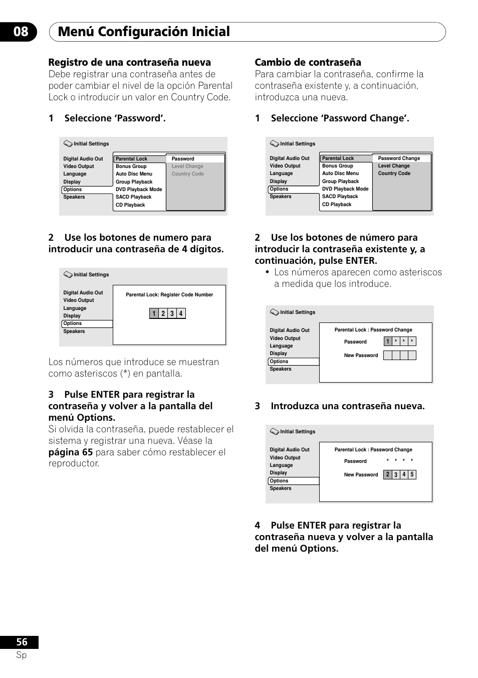 Menú configuración inicial 08, Registro de una contraseña nueva, Cambio de contraseña | 3introduzca una contraseña nueva | Pioneer VRD1160-A User Manual | Page 130 / 148