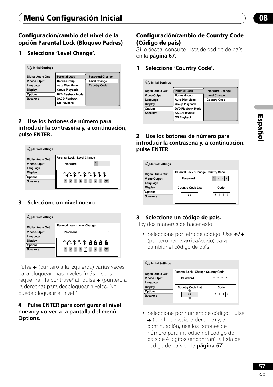 Menú configuración inicial 08, Español, 1seleccione ‘level change | 3seleccione un nivel nuevo | Pioneer VRD1160-A User Manual | Page 131 / 148