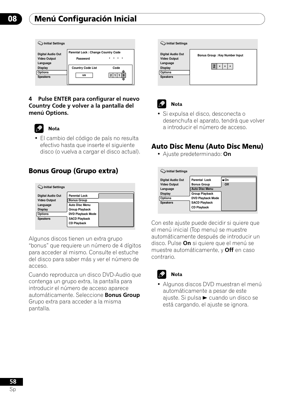 Bonus group auto disc menu, Menú configuración inicial 08, Bonus group (grupo extra) | Auto disc menu (auto disc menu), Ajuste predeterminado: on | Pioneer VRD1160-A User Manual | Page 132 / 148