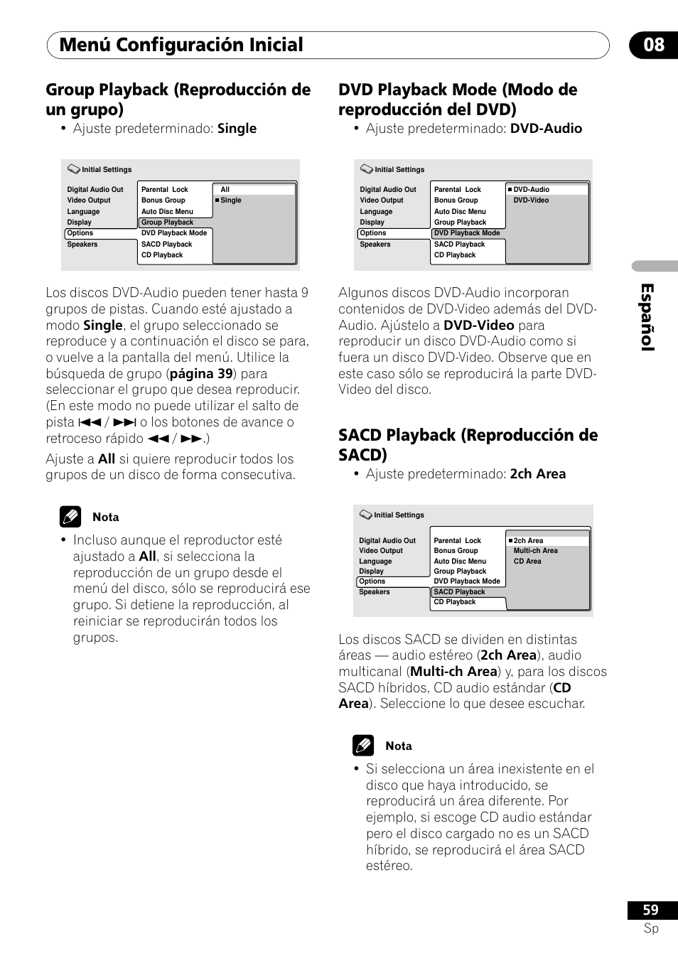 Group playback dvd playback mode sacd playback, Menú configuración inicial 08, Español group playback (reproducción de un grupo) | Dvd playback mode (modo de reproducción del dvd), Sacd playback (reproducción de sacd), Ajuste predeterminado: single, Ajuste predeterminado: dvd-audio, Ajuste predeterminado: 2ch area | Pioneer VRD1160-A User Manual | Page 133 / 148