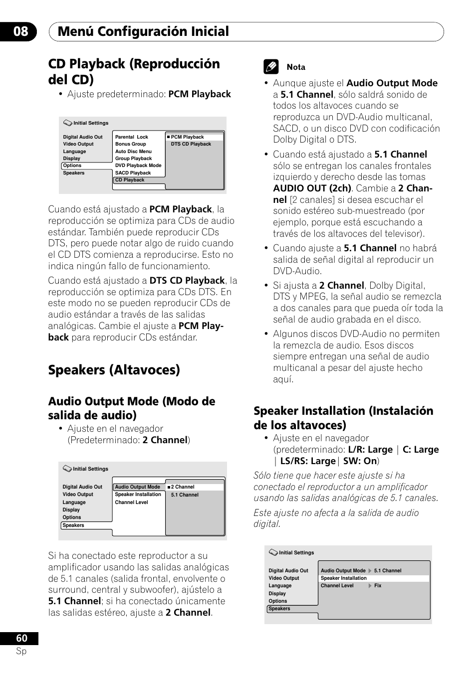 Cd playback, Speakers, Audio output mode speaker instllation | Menú configuración inicial 08, Cd playback (reproducción del cd), Speakers (altavoces), Audio output mode (modo de salida de audio), Ajuste predeterminado: pcm playback | Pioneer VRD1160-A User Manual | Page 134 / 148