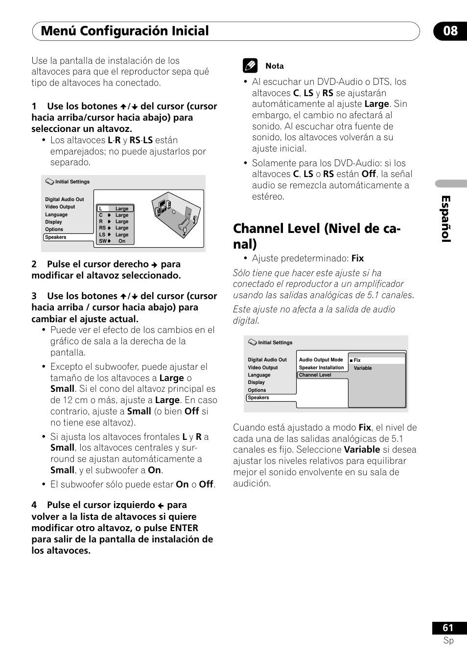 Channel level, Menú configuración inicial 08, Channel level (nivel de ca- nal) | Español | Pioneer VRD1160-A User Manual | Page 135 / 148