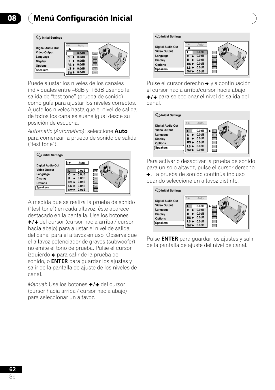Menú configuración inicial 08, Para seleccionar el nivel de salida del canal | Pioneer VRD1160-A User Manual | Page 136 / 148