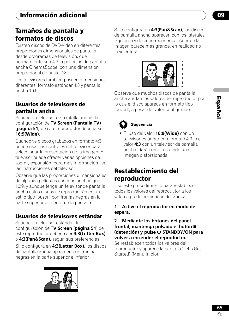 Tamaños de pantalla y formatos de discos, Restablecimiento del reproductor, Información adicional 09 | Pioneer VRD1160-A User Manual | Page 139 / 148