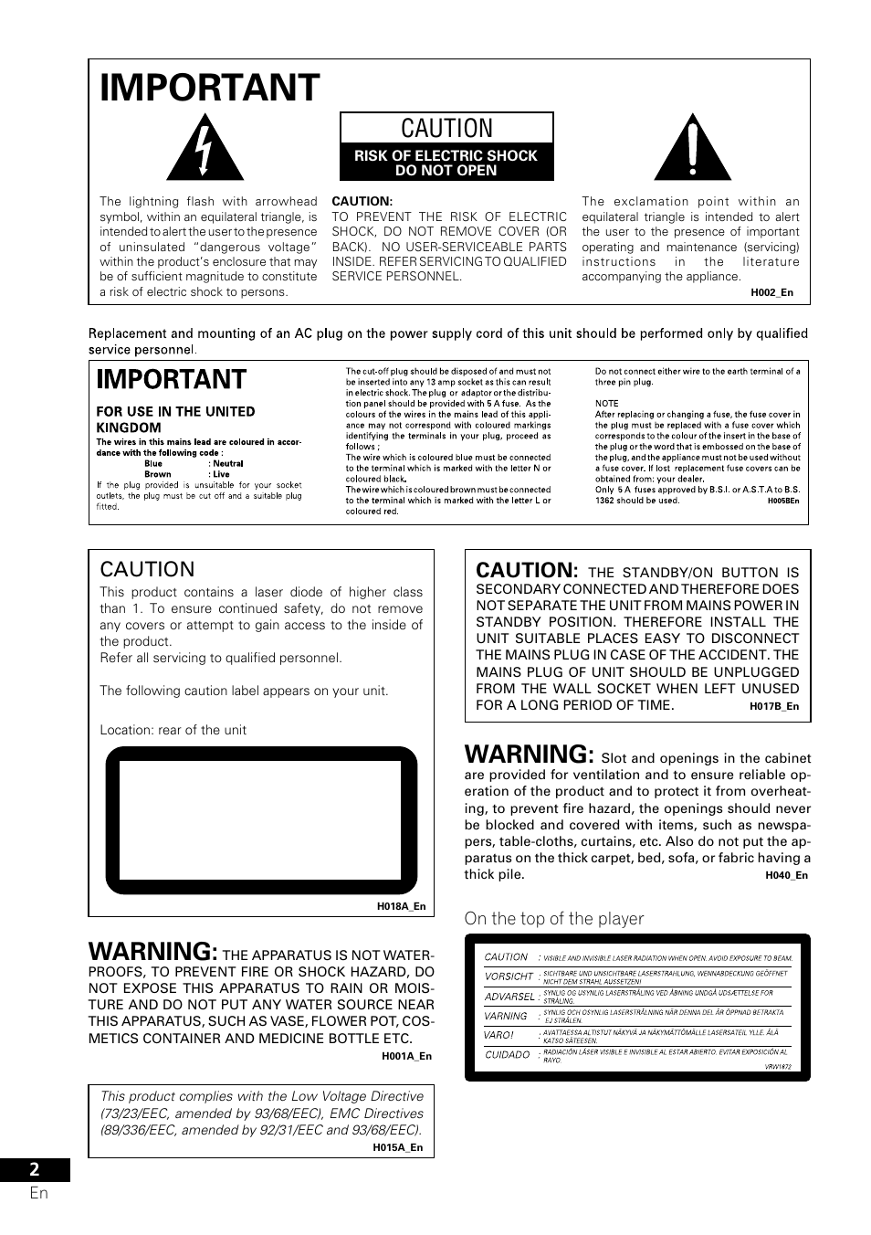 Important, Class 1 laser product, Caution | Warning | Pioneer VRD1160-A User Manual | Page 2 / 148