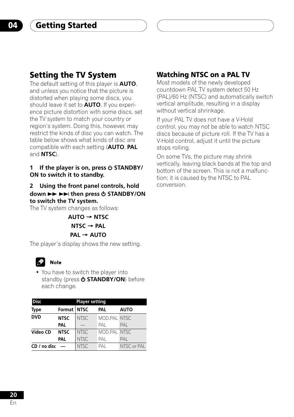 Setting the tv system, Watching ntsc on a pal tv, Getting started 04 | Pioneer VRD1160-A User Manual | Page 20 / 148