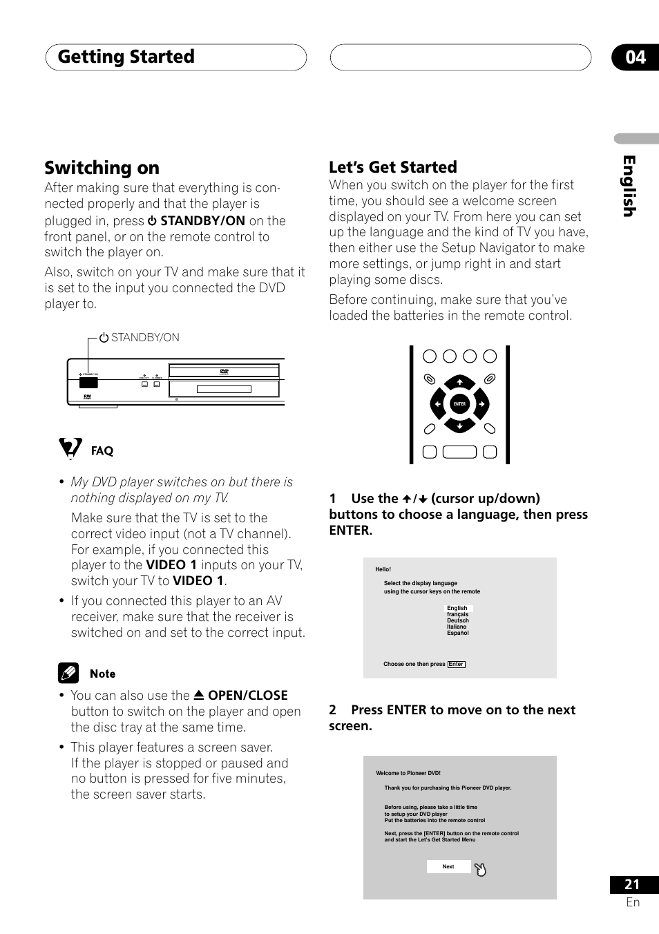 Switching on, Let’s get started, Getting started 04 | English let’s get started, 1use the, 2press enter to move on to the next screen | Pioneer VRD1160-A User Manual | Page 21 / 148