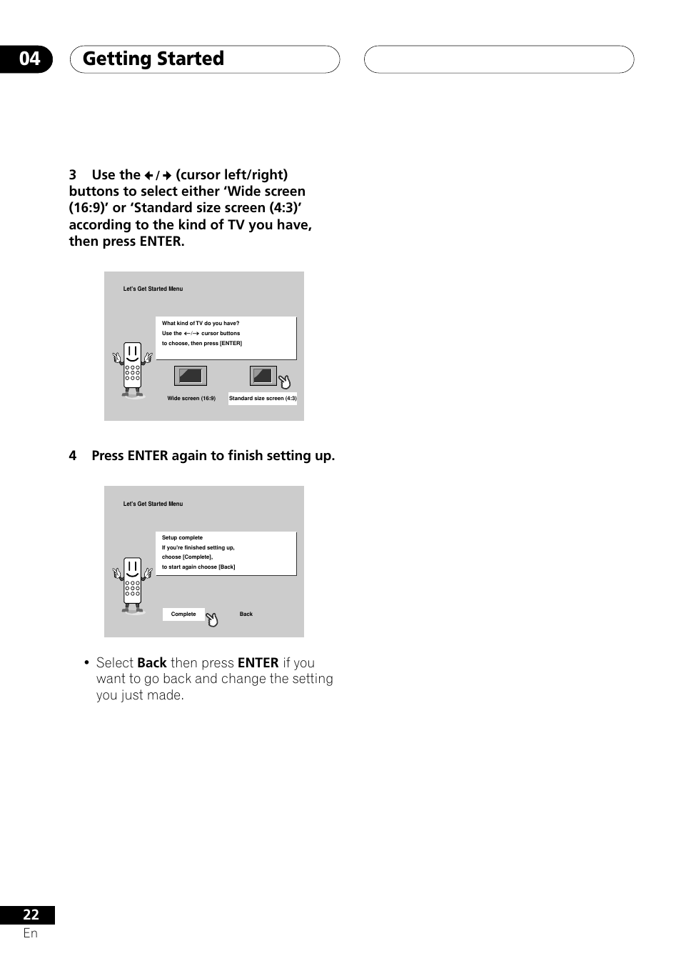 Getting started 04, 3use the, 4press enter again to finish setting up | Pioneer VRD1160-A User Manual | Page 22 / 148