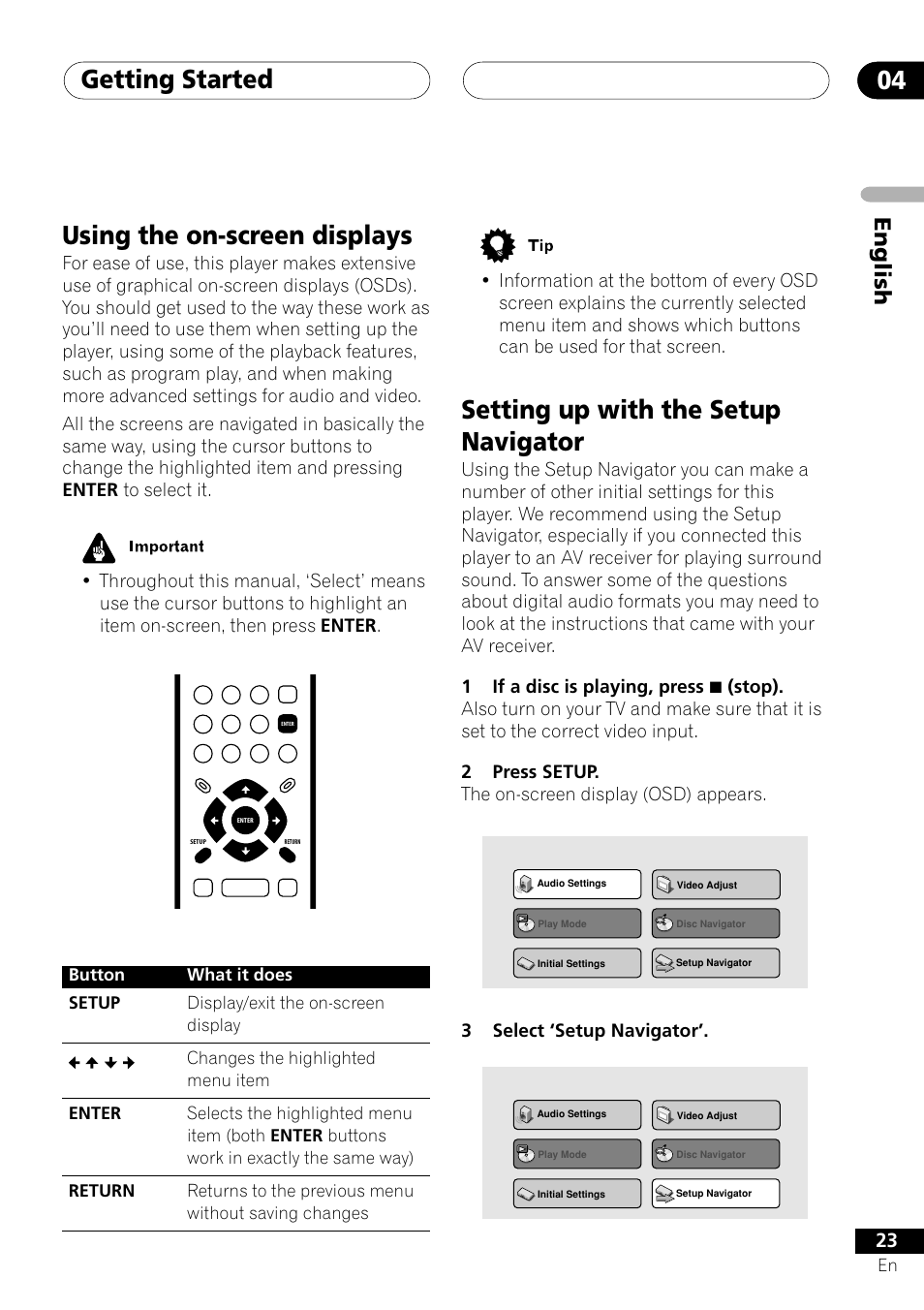 Getting started 04, Using the on-screen displays, Setting up with the setup navigator | English | Pioneer VRD1160-A User Manual | Page 23 / 148