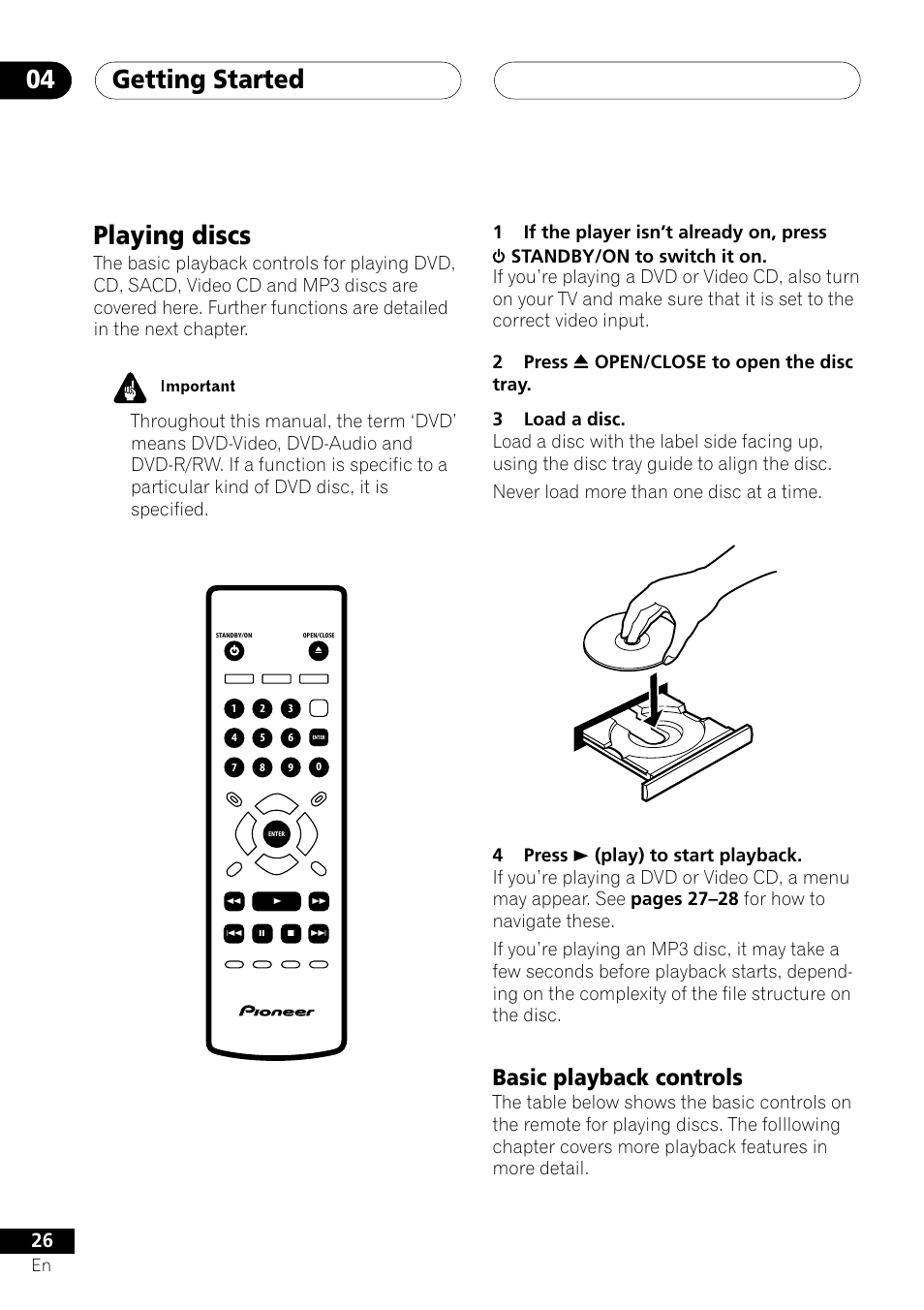 Playing discs, Basic playback controls, Getting started 04 | Pioneer VRD1160-A User Manual | Page 26 / 148