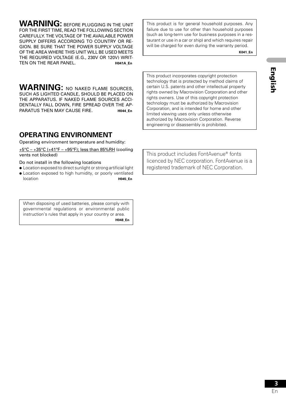 Warning, English, Operating environment | Pioneer VRD1160-A User Manual | Page 3 / 148