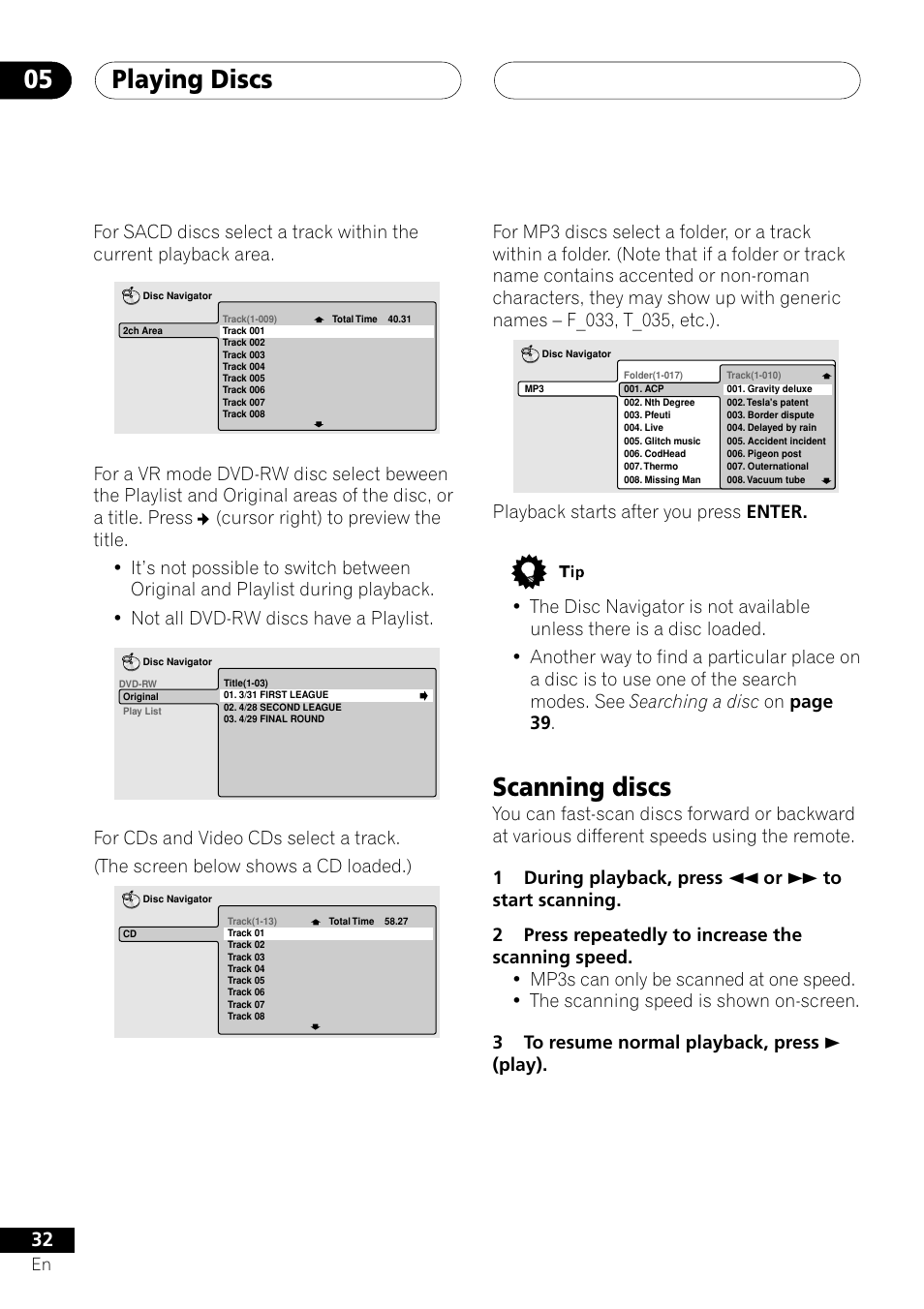 Scanning discs, Playing discs 05 | Pioneer VRD1160-A User Manual | Page 32 / 148