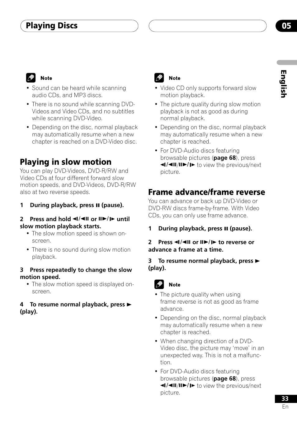 Playing in slow motion frame advance/frame reverse, Playing discs 05, Playing in slow motion | Frame advance/frame reverse, English | Pioneer VRD1160-A User Manual | Page 33 / 148