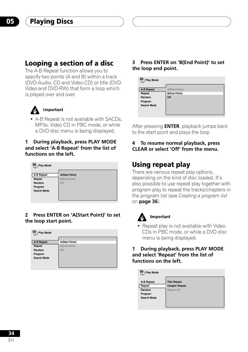 Looping a section of a disc using repeat play, Playing discs 05, Using repeat play | Pioneer VRD1160-A User Manual | Page 34 / 148